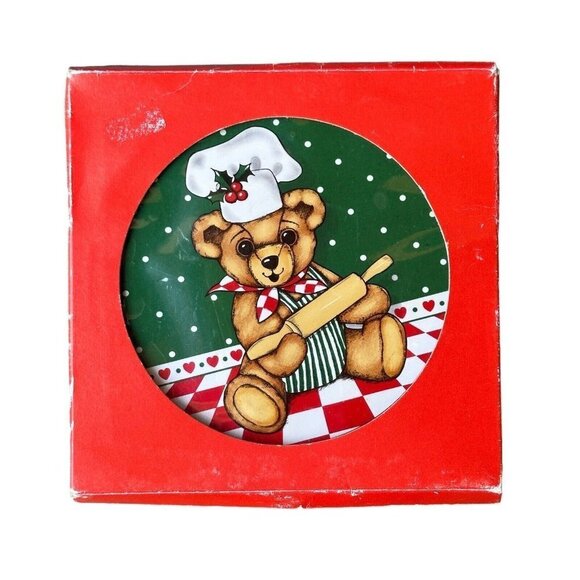 Renaissance Cards Wall Plate Christmas Teddy Bear Holiday Baking Japan 6" VTG - Picture 3 of 8